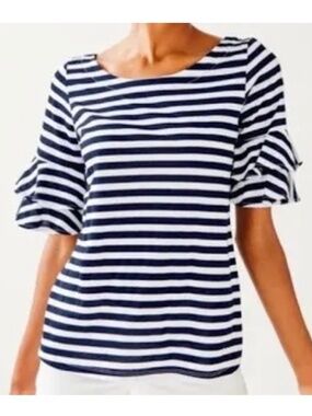 Lilly Pulitzer Navy Blue White Stripe Ruffle Sleeve Top Boat Neck Classic Sz XXS